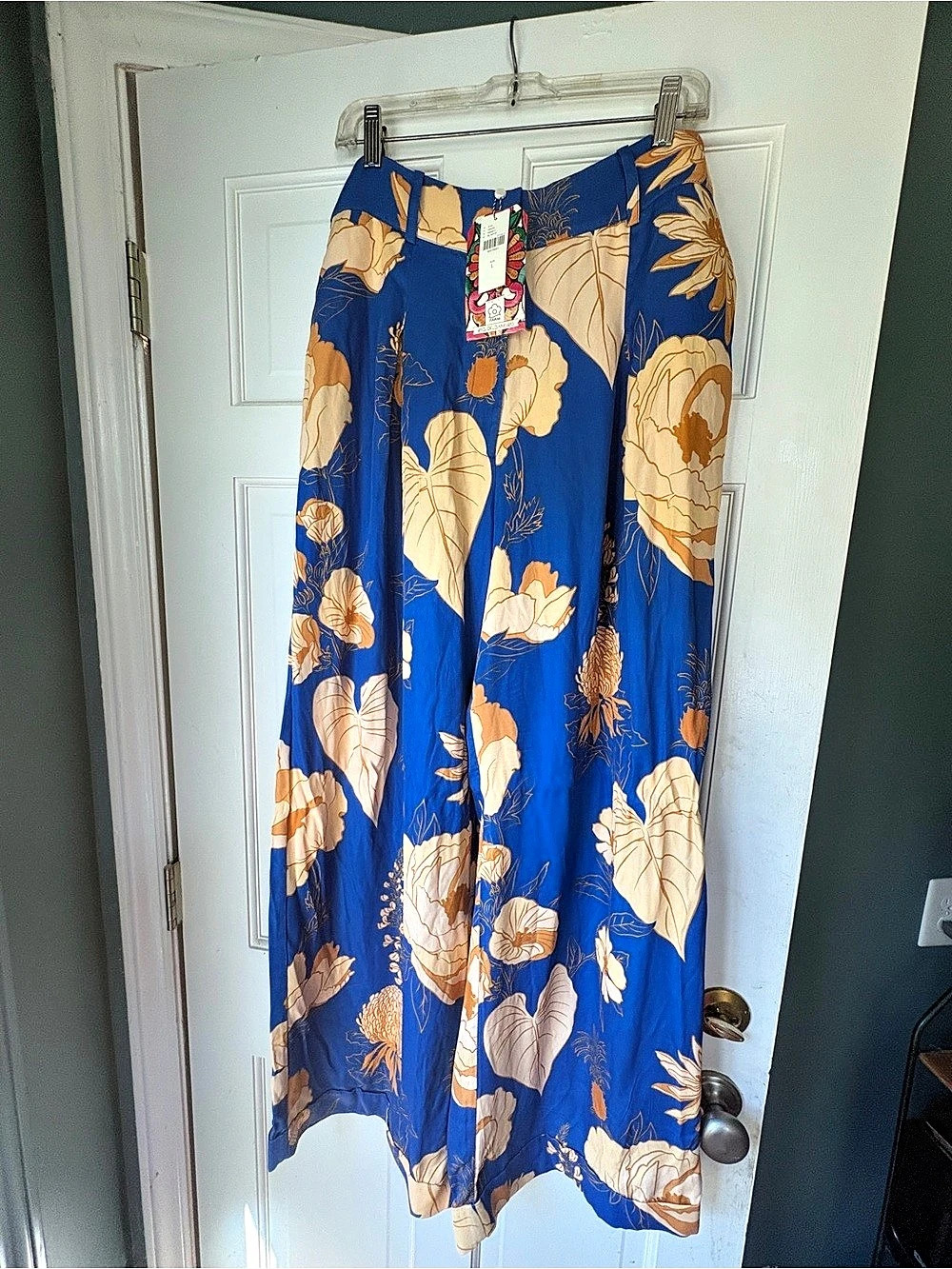 Farm Rio Blue Motif Wide Leg Pants Floral Blue & Orange Size Large